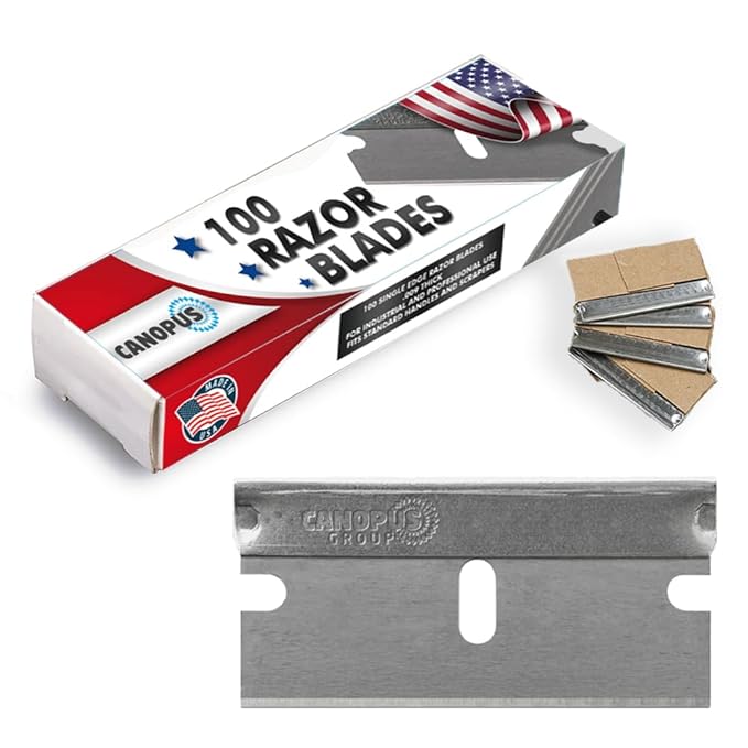 CANOPUS Single Edge Industrial Razor Blades, 100% Made in USA, Heavy Duty Straight Edge Razors, Box & Carton Cutter Replacement Blades, Glass & Paint Scraper Razor Blades (Box of 100)