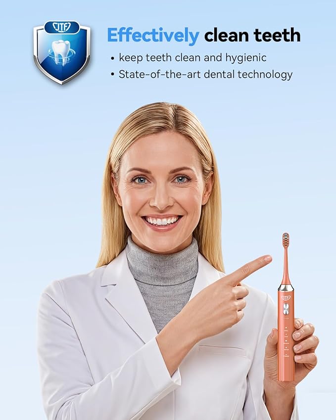 JTF Sonic Electric Toothbrush with UV Sanitizing & Drying: 5 Modes for Effective Yet Gentle Cleaning – with 6 Brush Heads, Rinse Cup, Wireless Charging Base, Rechargeable for Daily Care, Home & Travel