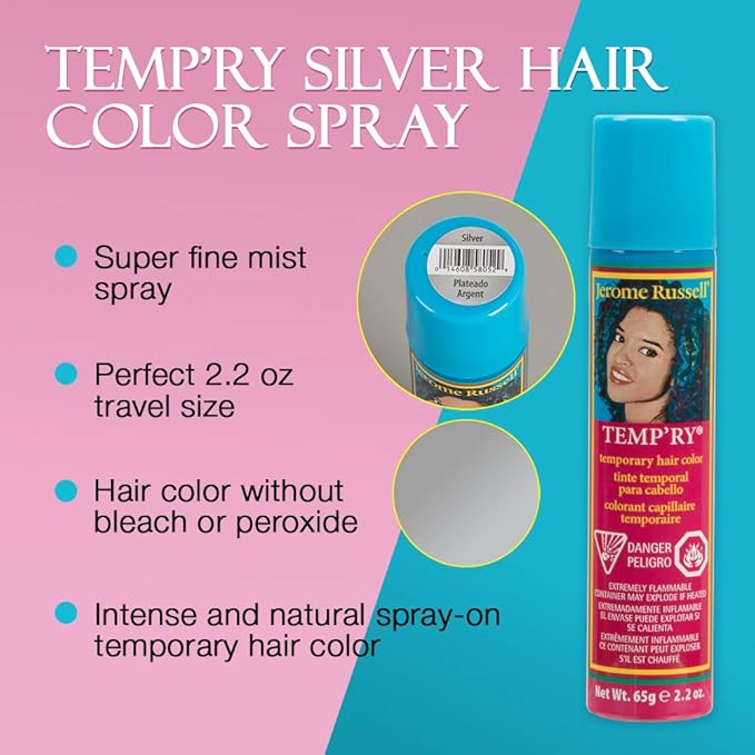 Jerome Russell Intense Silver Hair Color Spray - Fast-Drying, Non-Sticky, Travel Size Hair Dye for Vivid, Instant Color, 2.2 oz