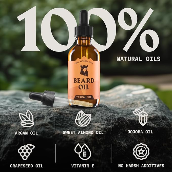 Striking Viking Beard Oil for Men - Naturally Derived Conditioner with Almond, Tea Tree, Argan & Jojoba Oil for Beard Growth, Softening & Moisturizing (2 Fl Oz (Pack of 1), Terra Sol)