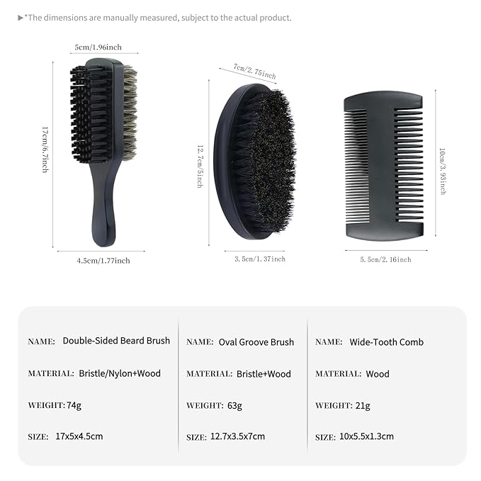 2-Sided Hair Brush for Men and Pure Boar Bristle Beard Brush Set, Pocket Travel Men's Wooden Mustache Brush for Hair, Detangling, Smoothing (Black-B)