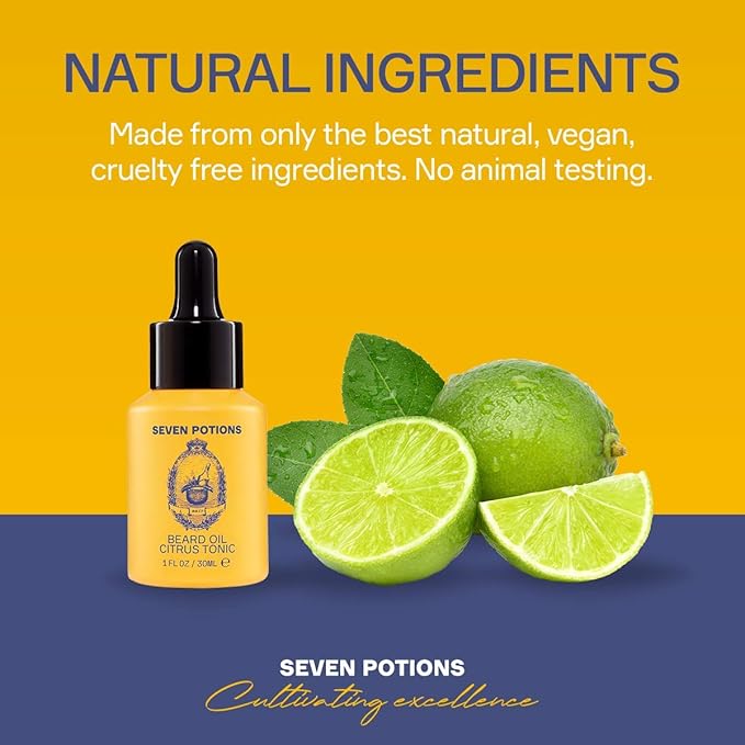 SEVEN POTIONS Natural Beard Oil for Men 1 FL OZ / 30ml — Fresh & Citrus Beard Softener & Conditioner — Vegan Conditioning Oil That Helps Prevent Itch & Dandruff (Citrus Tonic)