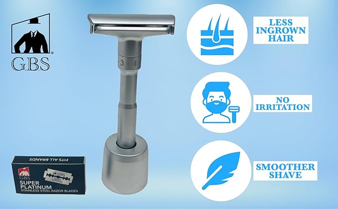 G.B.S Chrome Adjustable Men's Double Edge Safety Razor with Blades, Stand and 10 G.B.S Platinum Blade Refills