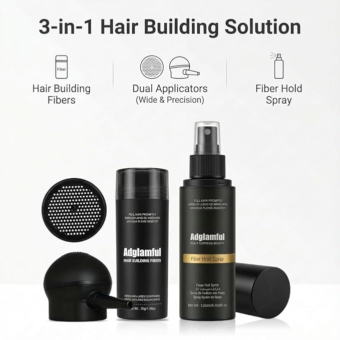 3-in-1 Hair Fiber Kit, 30g Building Fiber Powder + Silicone Pump Applicator + Fiber Hold Spray, Dual Application Options for Thinning Hair, Natural Fullness & Long-Lasting Volume, Black