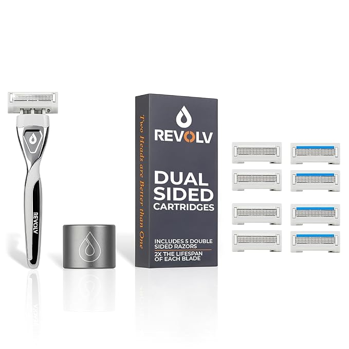 REVOLV - Men’s Razor Shaving Kit - 1 Premium Weighted Handle + 5 Dual-Sided Cartridges + 1 Stand - For a Closer, Smoother Shave - Safe on Sensitive Skin - 4 Razor Blade Refills - Grey