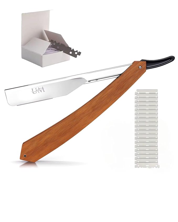 UM Supplies Straight Razors for Men – Professional Barber Straight Edge Razor Kit with 10 Replaceable Insert Single Edge Blades - Navajas Para Barbero (Wooden Straight Handle)