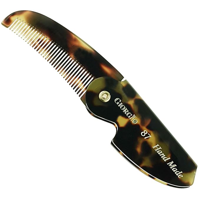 Giorgio G87 Gentleman's Tokyo Folding Pocket Comb, Flexible Men's Hair, Beard and Mustache Pocket Comb. Hand-Made of quality Durable Cellulose Acetate + GBRD1 6 Inch Beard and Mustache Brush