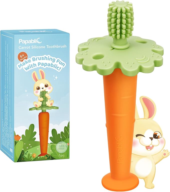 Papablic Baby Toothbrush Teether, 360° Carrot Toothbrush Teething Toy with Suction Base, Easter Gift Travel Essentials for Toddler Infants 6-12 Months
