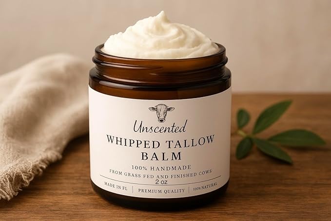 HANDMADE UNSCENTED Whipped Tallow Balm, 100% Natural Moisturizer from Grass-Fed Cows for Dry and Sensitive Skin. (2 oz, Unscented) - only one pure ingredient.