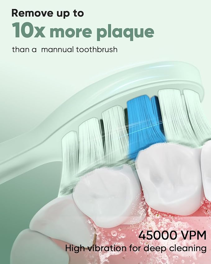 MySmile DY156 Electric Toothbrush for Adults, Rechargeable Sonic Battery Toothbrush Portable with 3 Brush Heads, 2 Mins 5 Modes Smart Timer, 45000VPM, One Charge for 60 Days - Green