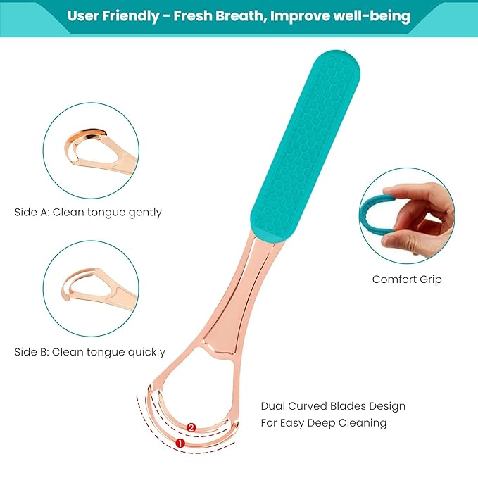 2Pcs Copper Tongue Scraper, Tongue Cleaner Set for Adults Kids, Stainless steel Wide Double Blades Oral Tongue Brush Cleaning Scrapping Sweeper for Fresh Breath and Mouth Hygiene Care with Travel Bag