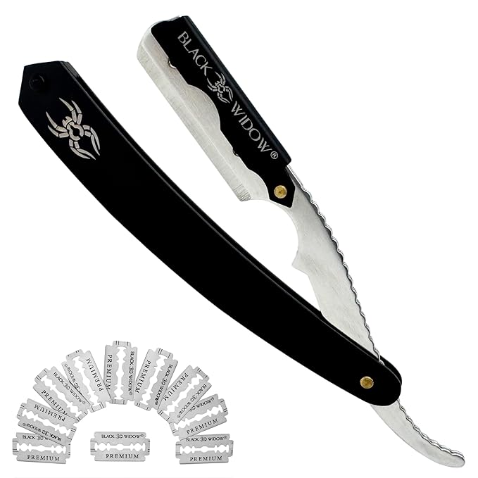 Black Widow Professional Barber Straight Edge Razor – Stainless Steel Shavette, 1.5 mm Blade Exposure, Matte Black & chrome, 10 Double Edge Blades (20 Single-Edge) for Lineups & Beard Shaping