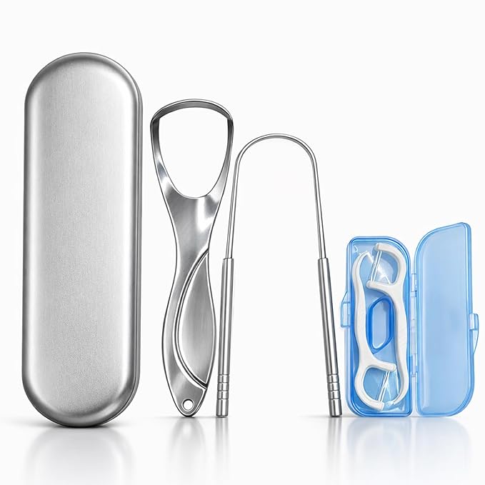 2-Pack Stainless Steel Tongue Scraper for Adults, Metal Tongue Cleaner & Scraper Kit with Travel Case & FREE Dental Floss – Dual Design for Effective Tongue Cleaning, Health & Beauty Essential