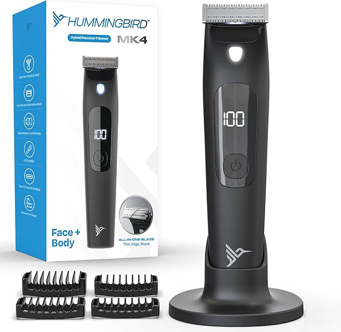 HUMMINGBIRD MK4 Electric Trimmer for Men – Precision Face & Body Hair Trimmer Kit, Waterproof Shaver for Hard to Reach Areas, USB-C Rechargeable, LED Display & Storage Base