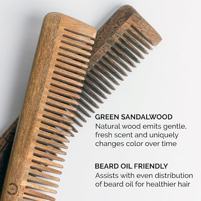 ZEUS Sandalwood Beard & Mustache Comb for Men with Leather Case, Handmade Anti-Static Saw-Cut Wood Comb for Grooming (L31)