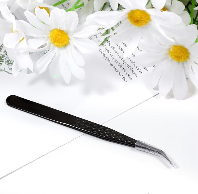 Lash Tweezers for Eyelash Extensions, Fiber Tip Lash Isolation Tweezers Curved Degree Grip Tweezer Black Stainless Steel Professional Eyelash Tweezer for Individual Isolation and Classic Lashes