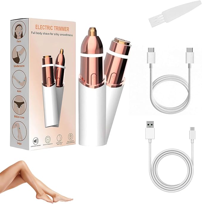 Eyebrow & Facial Trimmer: 2 in1 Rechargeable Facial Hair Removal & Eyebrow Shaver - Body Razor with Built-in LED Light (White)
