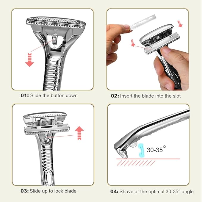Single Blade Razors for Men and Women, Reusable Modular Safety Razor with Magnetic Head and Metal Non-Slip Grip, 10 Single Edge Razor Blades & Leather Case,Silver Whiskers