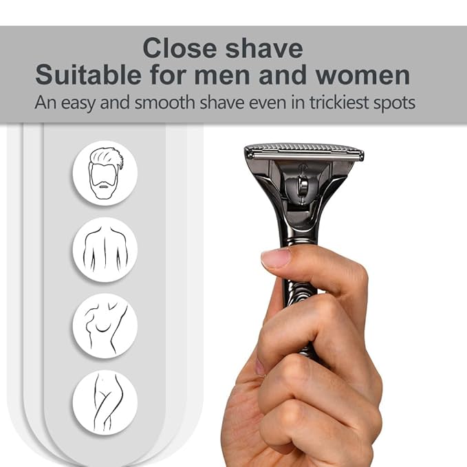 Magnetic Single Blade Razors for Men & Women,Reusable Safety Razor with 360° Rotating Track + 20 Single Edge Razor Blades + Waterproof Silicone Case - Black