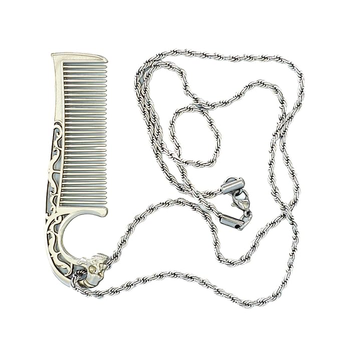 Mustache Comb On Stainless Steel Metal Chain Necklace – Dual-Sided Comb for Men, Fine & Wide Teeth for Precise Moustache Styling – Durable, Compact, Travel-Friendly Grooming Tool for Facial Hair Care