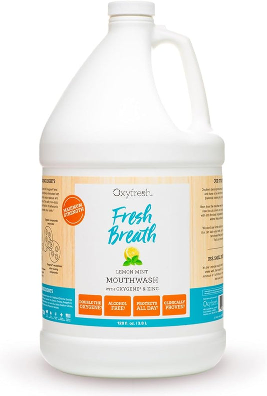 Oxyfresh Lemon Mint Fresh Breath Mouthwash – Bad Breath Treatment – SLS & Fluoride Free – Alcohol Free, Gentle Nonburning with Xylitol & Essential Oils – Pro Size Gallon 128 oz