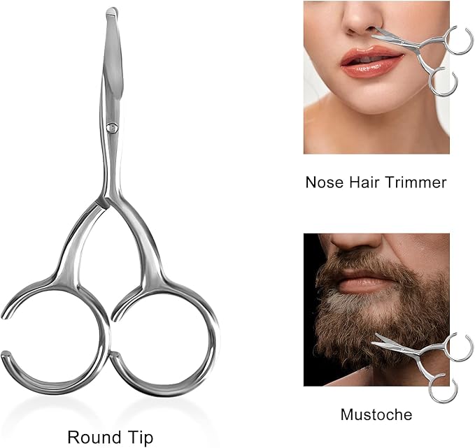 Curved and Rounded Scissors For Men/Women Facial Hair Cutting - Hair Cuticle Manicure Scissors Shears Kit - for Eyebrows, Nose Hair, Beard/Mustache, Eyelashes, (2 Pack)