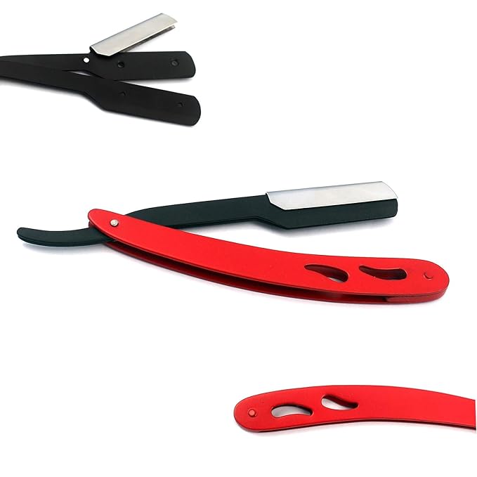 STRAIGHT EDGE RAZOR WITH 100 SINGLE EDGE BLADES - CLOSE SHAVING MEN'S MANUAL SHAVER SAFETY RED AND BLACK