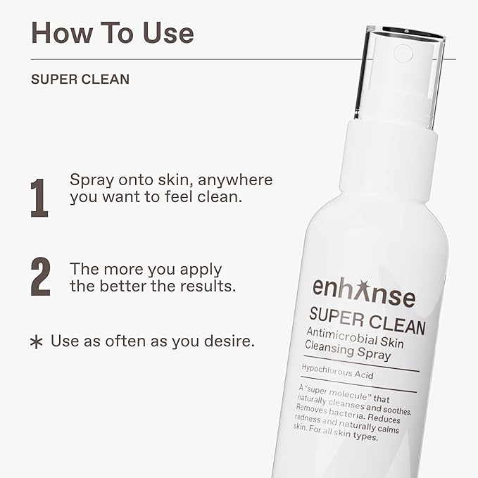 Super Clean, Hypochlorous Acid Spray, Helps Heal Acne Prone, Eczema & Itchy Rashes, No Rinse Cleaner, Use Post Workout, Post Shave or Travel, Skin Care for Men, All Skin Types, 100 mL