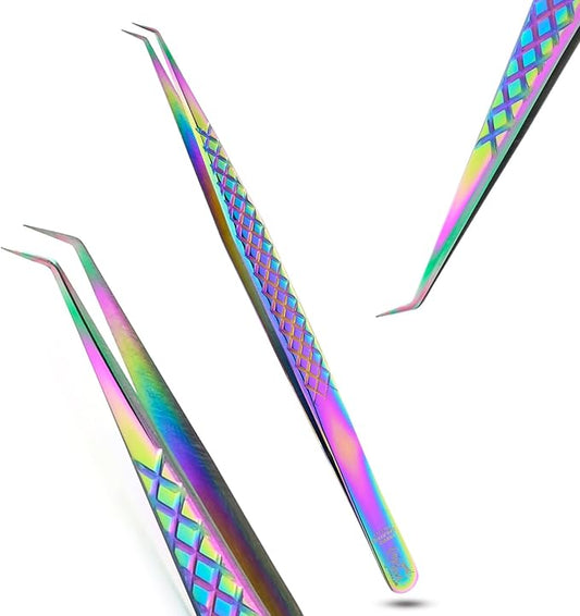 My Lash Tools Eyelash Extension Curved Degree Tweezers for Isolation Lash Extensions 14cm, Best for Individual Isolation & Classic Lashes Japanese Stainless Steel Eyelash Twisers (Rainbow)
