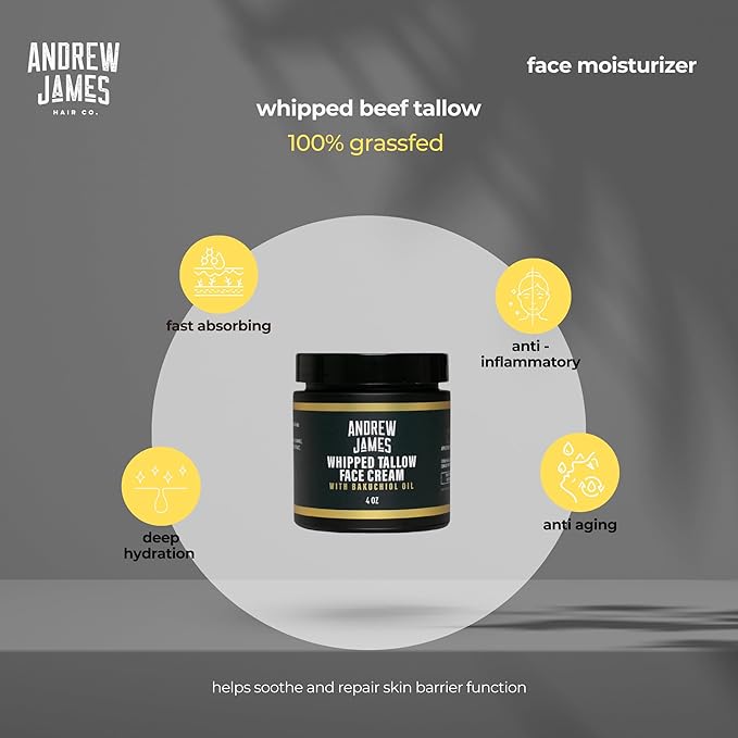 Whipped Tallow Face Cream with Bakuchiol – Anti-Aging Moisturizer for Men – Natural Tallow Skincare for Hydration, Firmness & Smooth Skin
