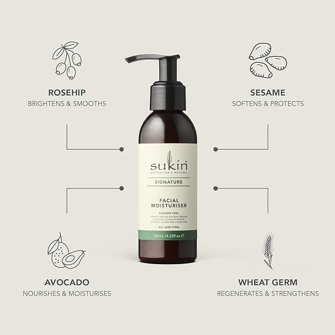 Sukin Facial Moisturizer Pump, Hydrating Face Cream with Wheat Germ and Vitamin E to Deeply Nourish, Soften and Improve Skin Texture, 4.23 Fl Oz