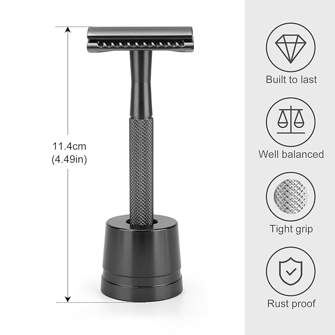 Safety Razor with Stand for Men & Women - Double Edge Single Blade Razor, One Blade Razor with 10 Blades & Metal Stand - Reusable Mens & Womens Shaving Razor (Complete Kit)-Black