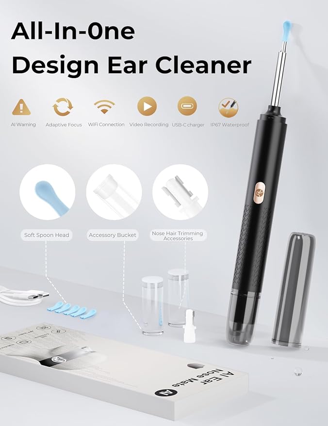 Ear Wax Removal Tool Camera - 2 in 1 Earwax Remover with Nose Hair Trimmer - Wireless Ear Cleaner with 1296P Camera - Earwax Removal Kit with Light - Ear Cleaning kit for iOS & Android, Kids,Adults
