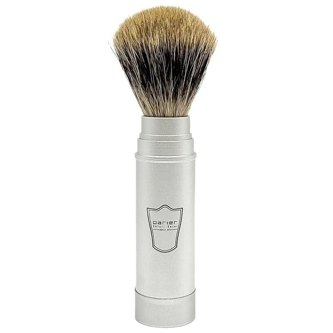 Parker Full Size Travel Shaving Brush with Pure Badger Bristles - Ingenious Design Stores the Brush Head in the Handle Making the Brush Compact for Travel