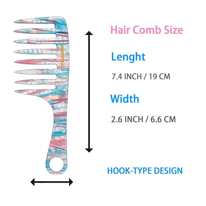 D1 | Wide Tooth Handle comb for Curly Hair| Elevates, Preserves Curl, Eliminates frizz| Acetate comb(Blue Pink)