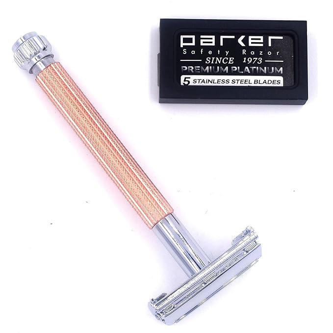 Parker 29L Rose Gold, Long Handle Butterfly Open Double Edge Safety Razor for Men & Women, 5 Parker Premium Platinum Double Edge Razor Blades Included