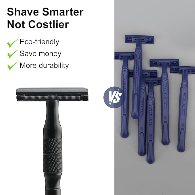 Matte Black Safety Razor, Single Blade Razors for Men, with 10 Platinum Coated Stainless Steel Double Edge Safety Razor Blades, Smooth & Close Shave, Plastic Free, Sustainable