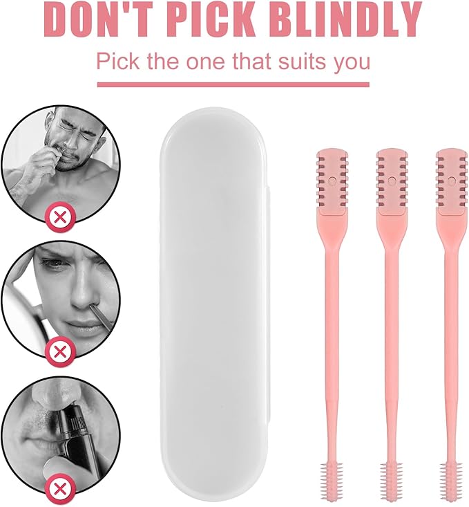 3pcs 2 in 1 Nose Hair Trimmer, 360° Rotating Nasal Hair Cutter Clipper Double Sided Nose Hair Cleaner Portable Manual Nostril Hair Removal Tool with Ear Picker for Men Women (Pink)