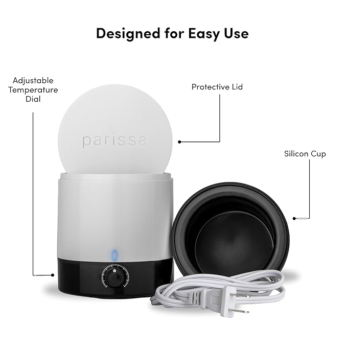Parissa Mini Pro Electric Wax Warmer for At-Home Waxing with Silicone Cup for All Hair Removal Waxes, Face, Bikini, Leg, and Body, Simple to Use