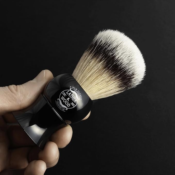 Lather & Wood Shaving Brush for Men- Premium 100% Synthetic Silvertip Hair - with Travel Case - Black Obsidian Acrylic Handle
