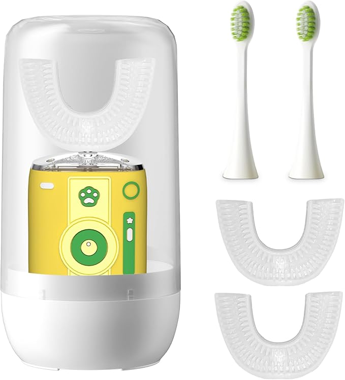 Adult Sonic Automatic Electric Toothbrush, 360° Oral Cleaning Stain Whitening(Yellow-Cup), IPX7 Waterproof Rechargeable, u-Shape Brush Head*3+Straight Handle Brush Head*2