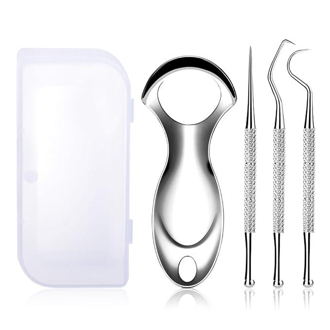 Stainless Steel Tongue Scrapers,Oral Care Kit Tongue Cleaner Tongue Scraper With Case,1 Pack Tongue Scraper Cleaner and 3Pack Mini Dental Pick.