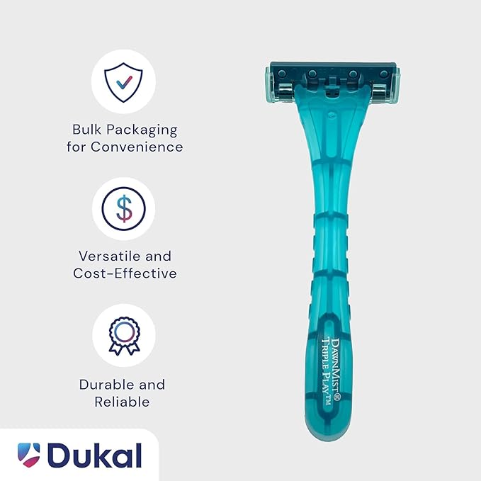 DawnMist Triple Play Razors – Triple Blade with Lubricating Strip, Single Edge, Teal, 2 Pack (20 Count)