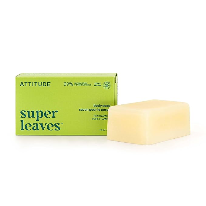 ATTITUDE Body Soap Bar, Natural Origin, Protects and Softens Dry Skin, Watercress, Indian Cress & Olive Oil, EWG Verified & Vegan, Pear & Amber, 4 Oz