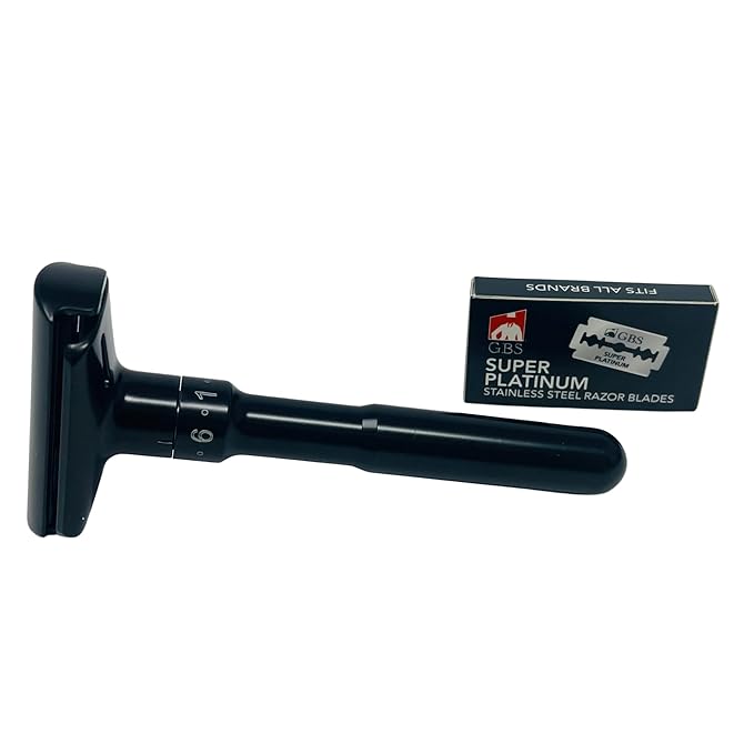 G.B.S Double Edge Safety Razor – Premium Black Steel Shaving Razor with Weighted Handle, Leather Travel Case & 10 DE Blades – Smooth, Close, and Comfortable Shave for Men