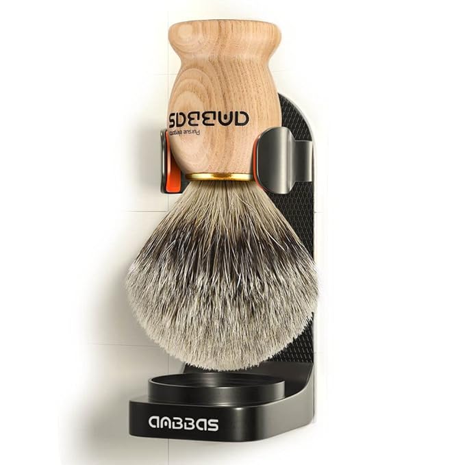 Anbbas Badger Hair Shaving Brush with Wall Mounted Brush Holder Stand for Traditional Shaving