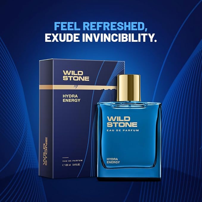 Wild Stone Hydra Energy Eau De Parfum | 3.38oz,100 ml | Luxury EDP Perfume for Men | Intense Long Lasting Premium Fragrance | Woody & Warm Spicy Notes | 100% Liquid Scent | Best Perfume for Gifting