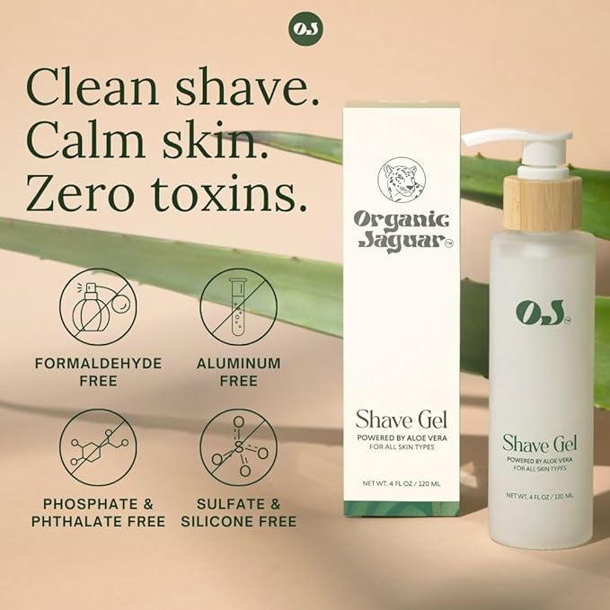 Organic Jaguar All Natural Shave Gel – Soothing, Non-Foaming Shaving Gel for Men & Women with Aloe Vera, Tea Tree & Chamomile – Smooth, Hydrating, Razor Burn Protection, Paraben-Free