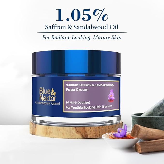 Blue Nectar Moisturizer Face Cream, Ayurvedic Anti Aging Wrinkle Cream for Aging Skin |Ancient blend of Saffron & Turmeric for Skin Firming | With Plant Based Collagen Booster(Men, 14 Herbs,1.7 Oz)