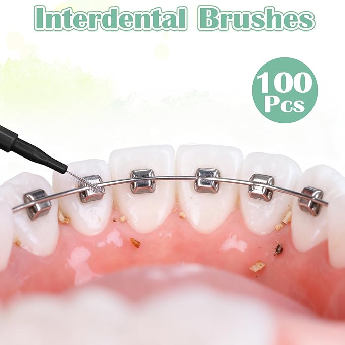 SynHHergyx 100 PCS Brushes for Braces Dental Brushes Picks Interdental Brush Teeth Brush Picks Dental Cleaning Tools for Braces Bridges Care, Portable Bendable Heads